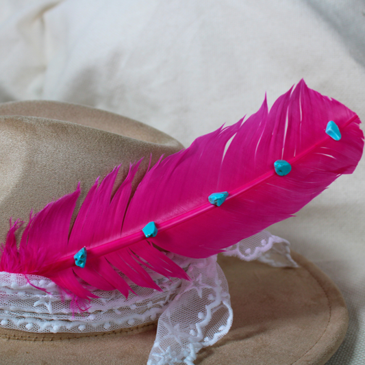 Hand-Studded Pink-Dyed Turkey Feather with Turquoise Howlite