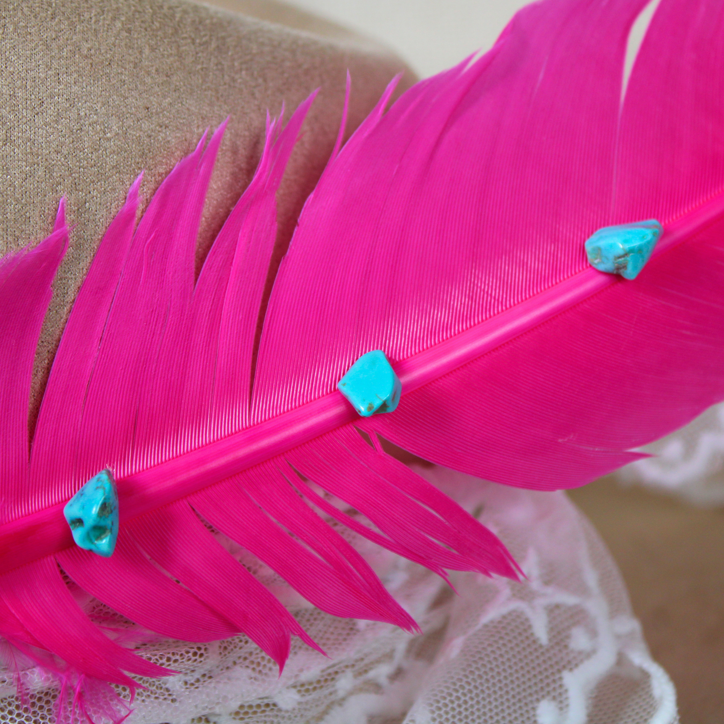 Hand-Studded Pink-Dyed Turkey Feather with Turquoise Howlite