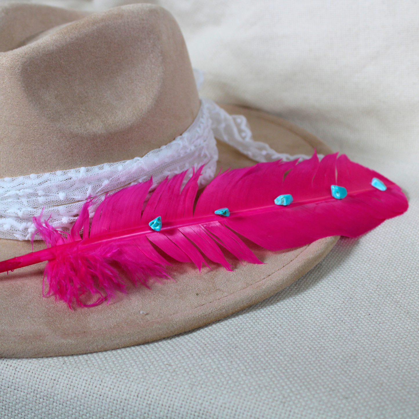 Hand-Studded Pink-Dyed Turkey Feather with Turquoise Howlite