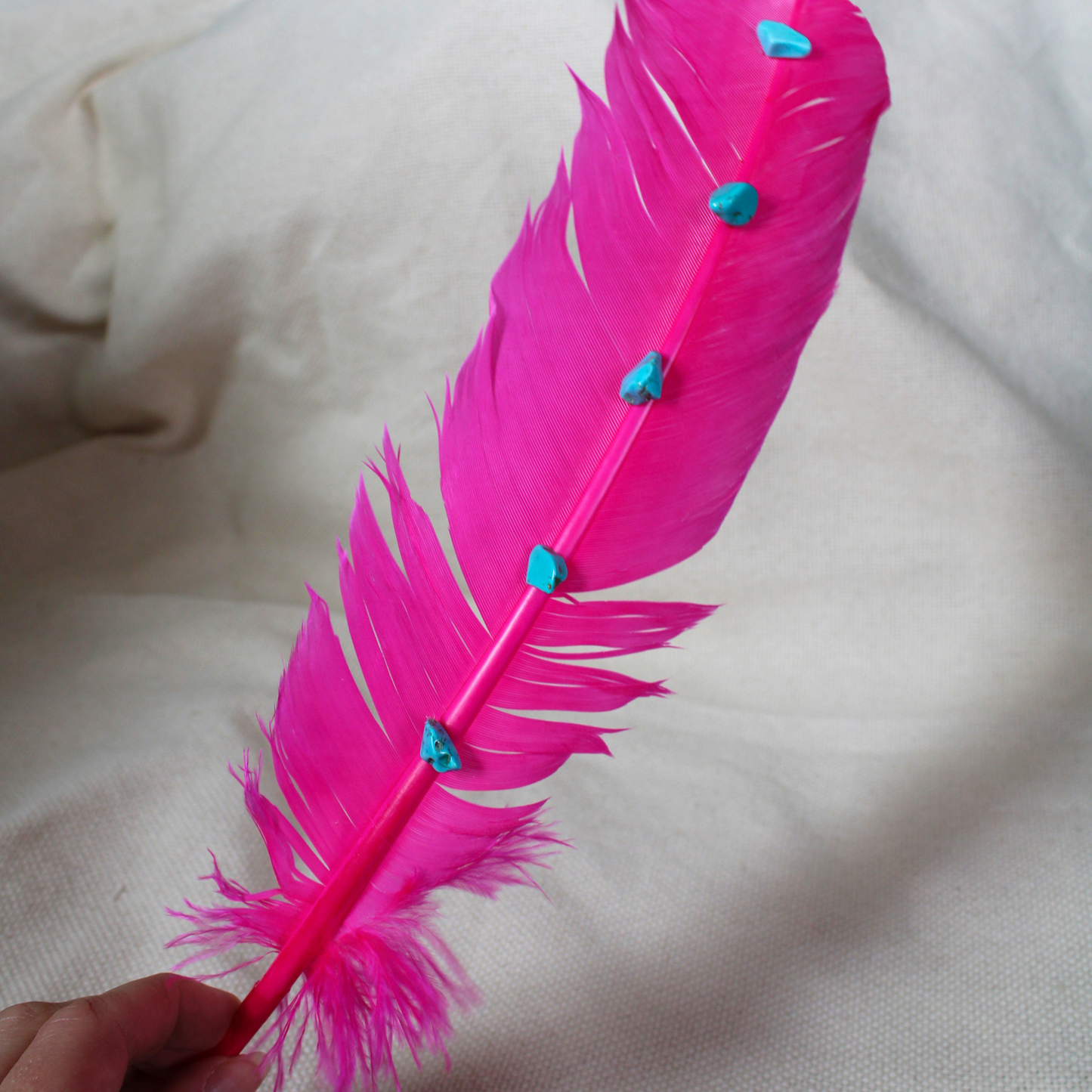 Hand-Studded Pink-Dyed Turkey Feather with Turquoise Howlite