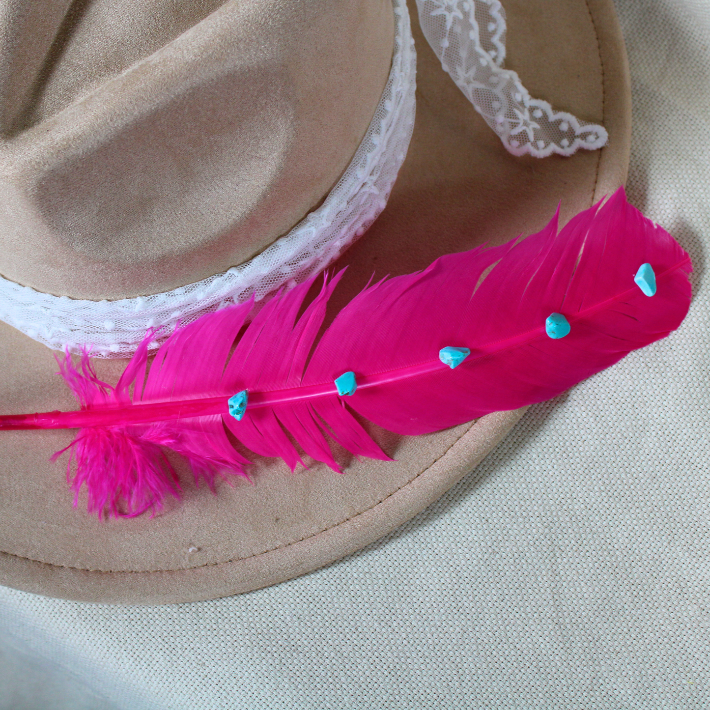 Hand-Studded Pink-Dyed Turkey Feather with Turquoise Howlite