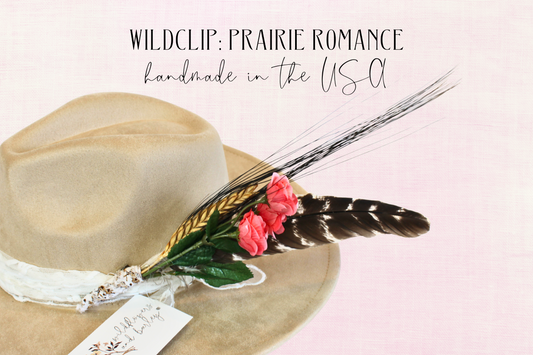 Beige hat with floral and feather detail on a light pink background, featuring 'Wildclip: Prairie Romance' text.